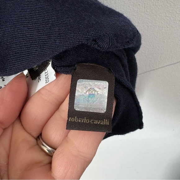 Roberto Cavalli Polo Shirt 100% Wool Knit Navy Blue Snake Print Mens Medium - Picture 13 of 13